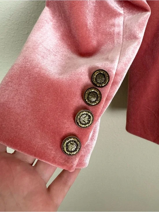 Oyrosy Pink & Leopard Print Velvet Blazer Jacket Gold Metallic Trim Size Medium - Picture 8 of 9